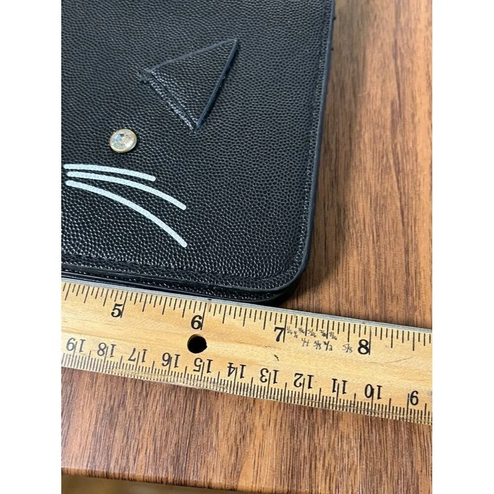 Cat Face Black Leather Wallet Rhinestones Snaps Animal Lover Retro Chic Preppy
